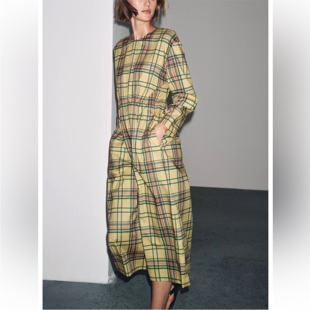 NWT Zara Cotton Yellow and Green Cotton Plaid Midi Dress